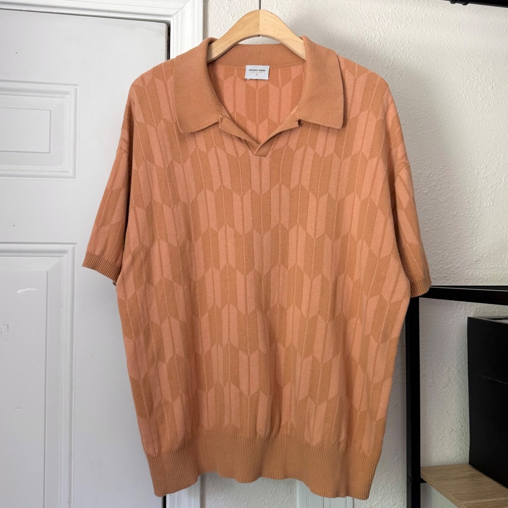 AKASHI-KAMA rust peach orange cotton short sleeve oversized knit boxy polo shirt